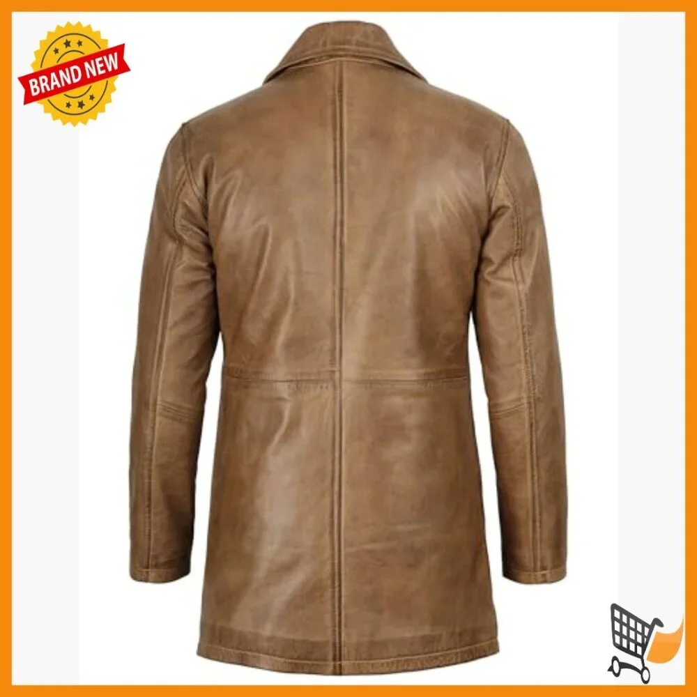 Men's Lambskin Leather Car Coat Trench Style Button Closure Lined